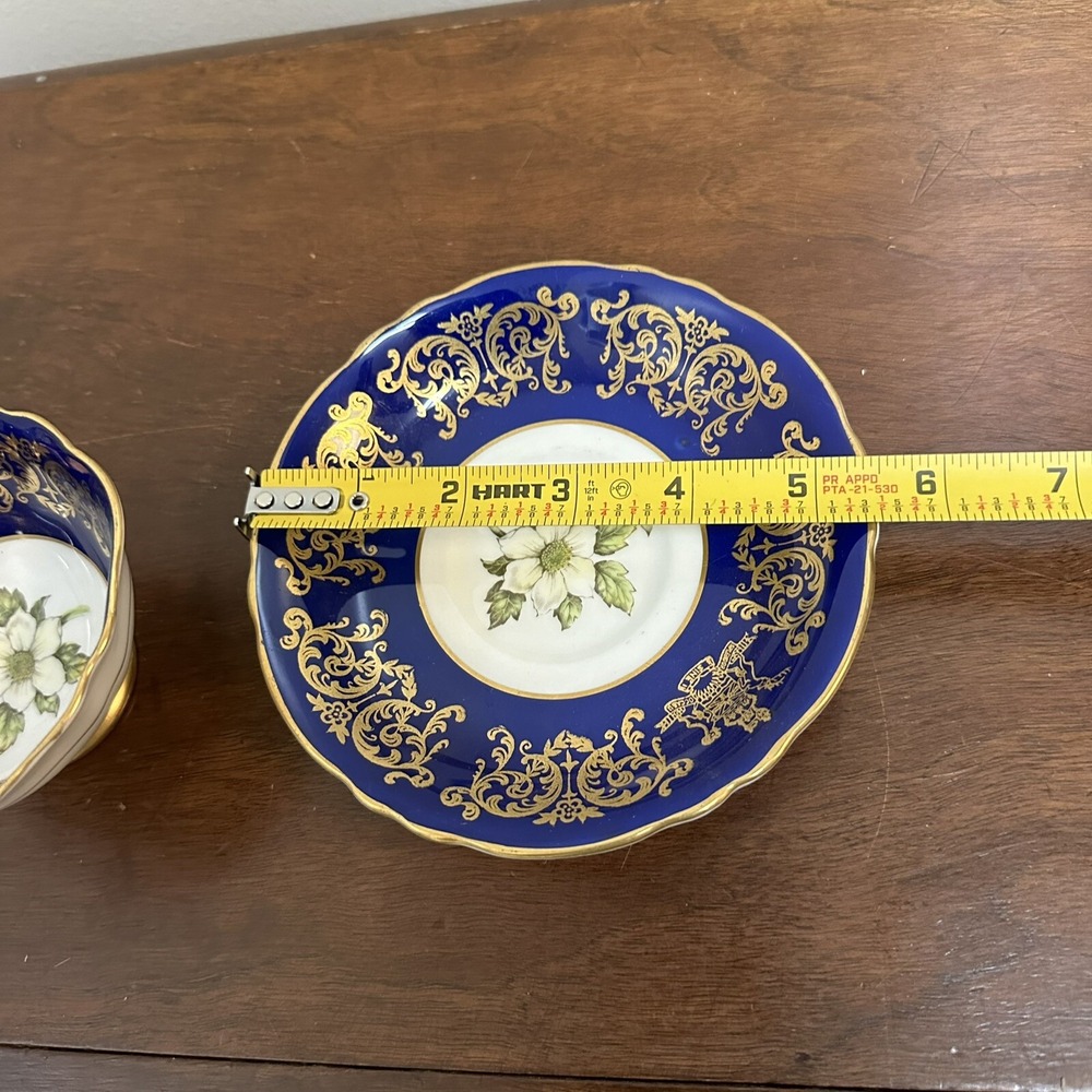 Paragon Teacup and Saucer Set Gold Blue Flower Dogwood 1958 Centennial - Picture 8 of 11